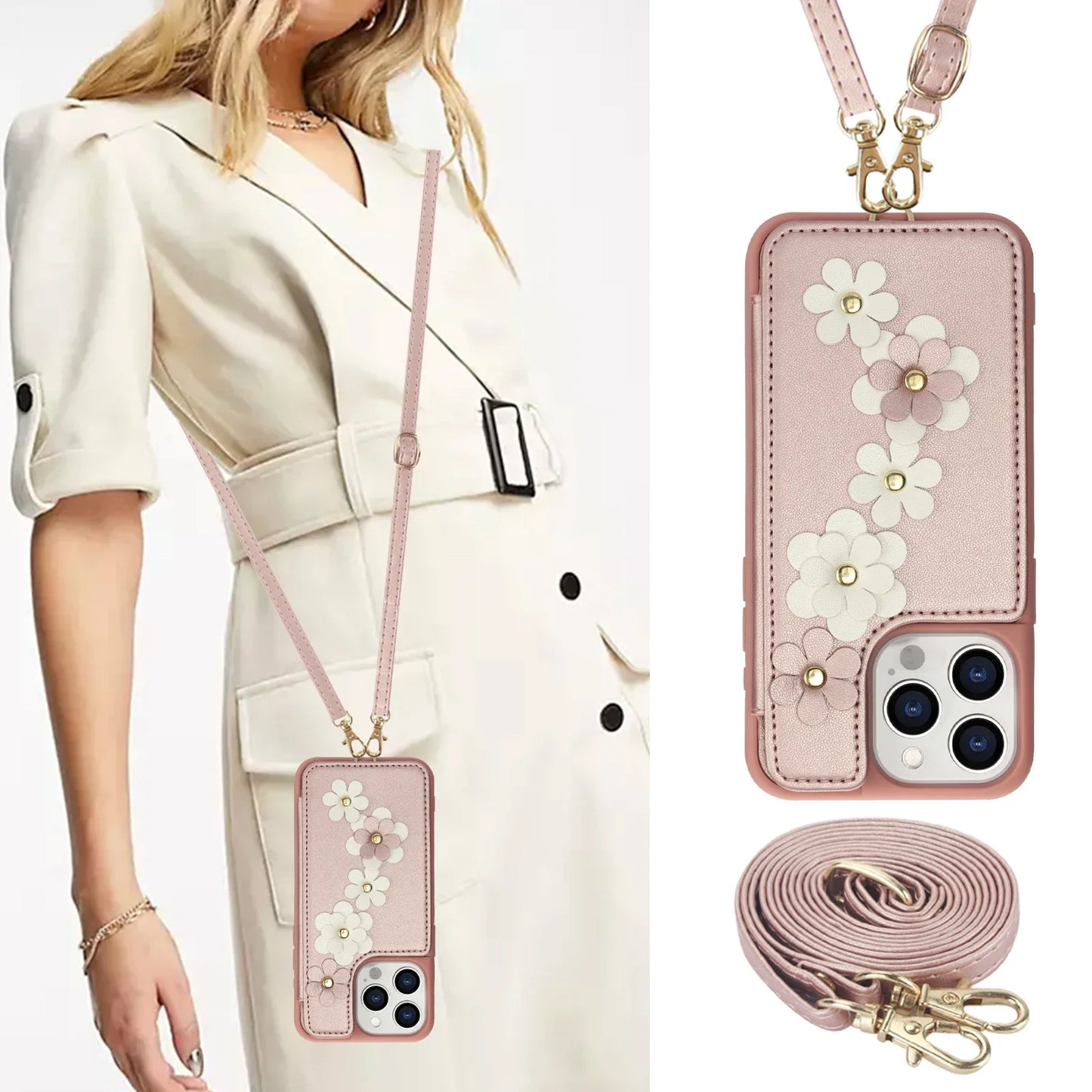 3D Flowers Crossbody iPhone Wallet Case
