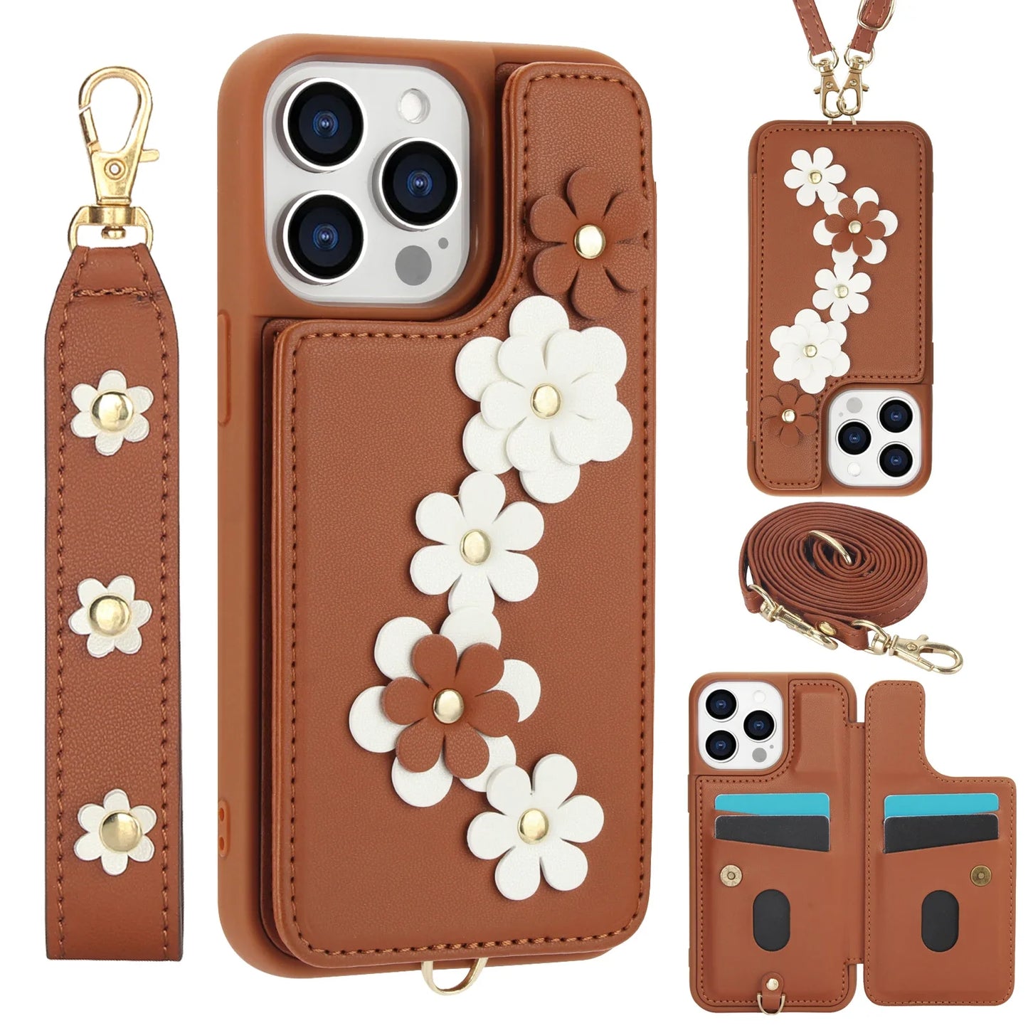 3D Flowers Crossbody iPhone Wallet Case
